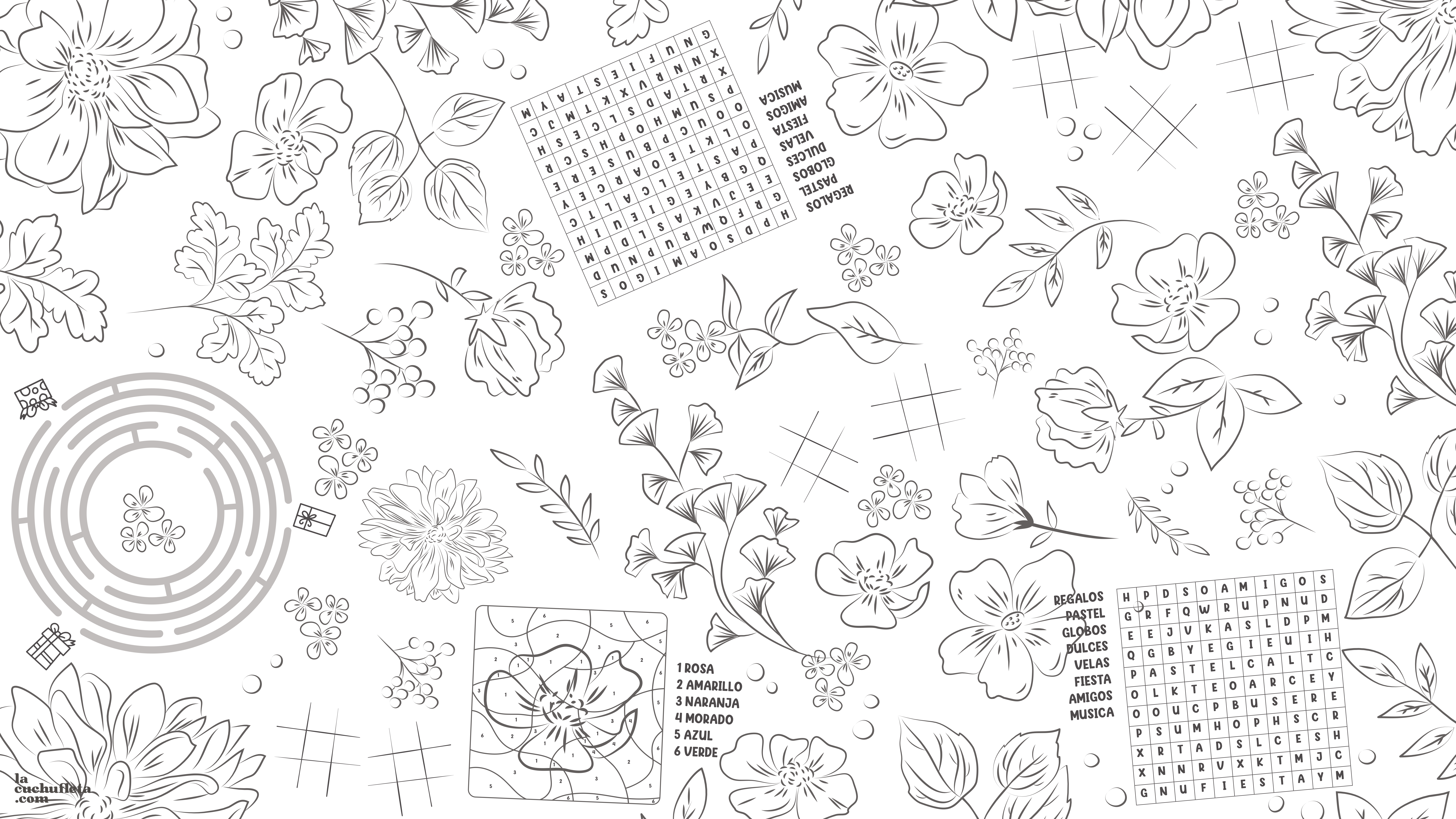 Mantel para colorear cumpleaños - Flores, aves y juegos - 90x160cm